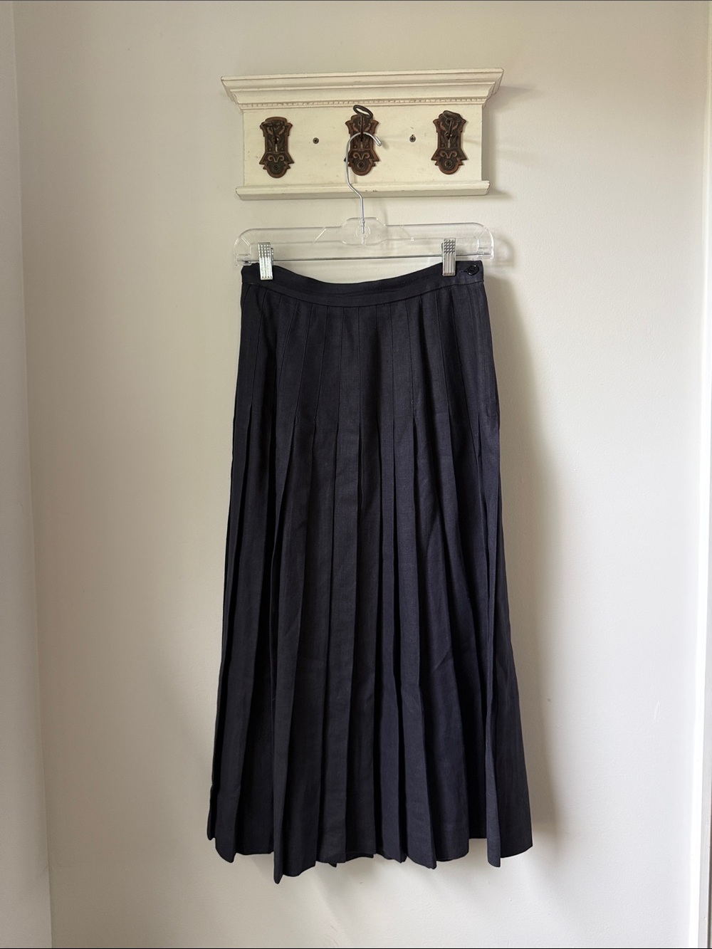 Elliott Lauren Dark Navy-Black Pleated Midi Skirt Classic Preppy Casual Cotton